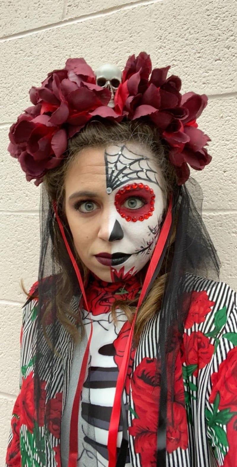Vividsun Day of The Dead Headband Costume Rose Mexican Flower Headband (E-skull/Burgundy) - Image 4